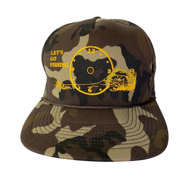 Vintage Other - Vintage Let's Go Fishing Hat Camo Outdoor Snapback Trucker Cap Mesh 80s